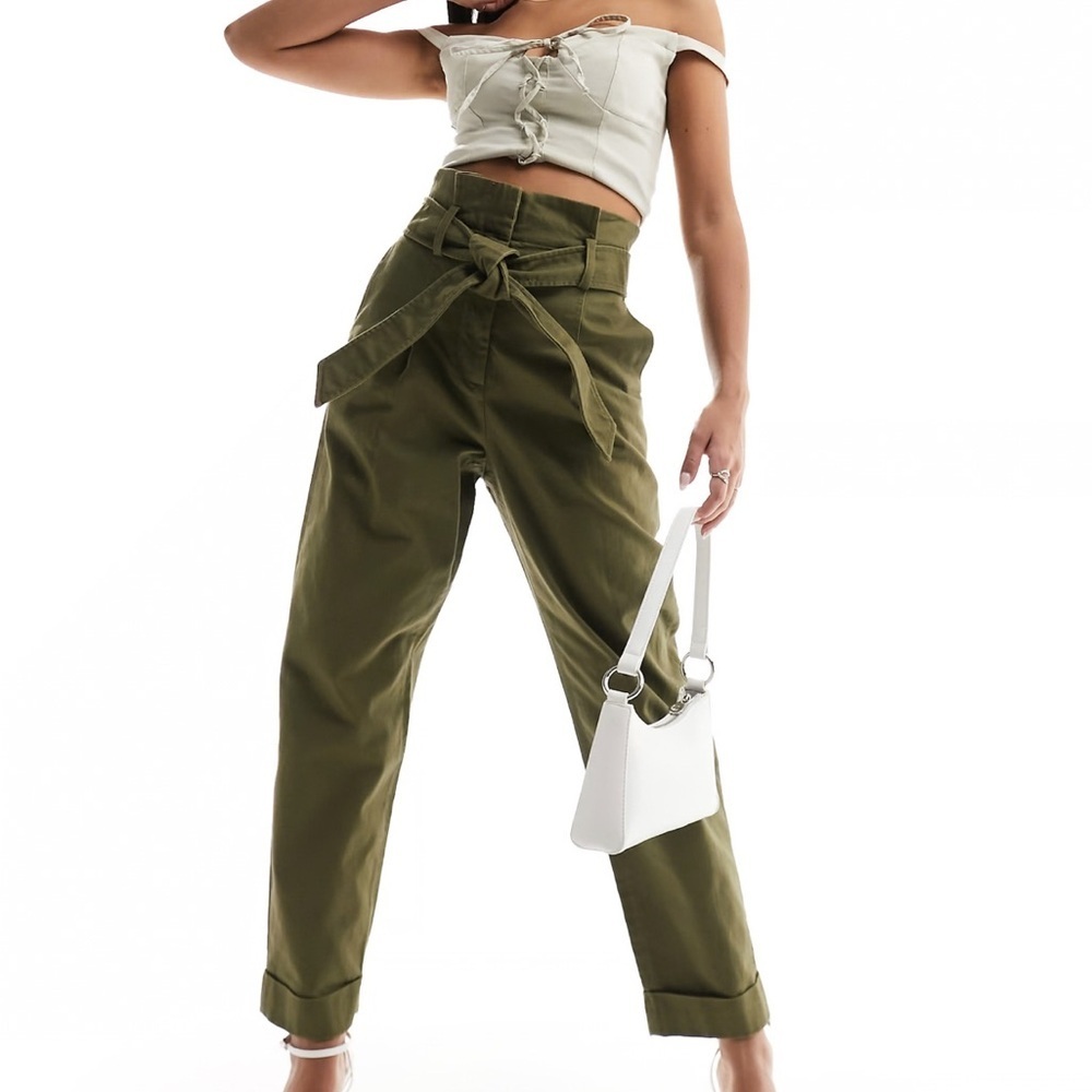 & Other Stories Dark Khaki Green Belted High Waist Straight Leg Pants 2